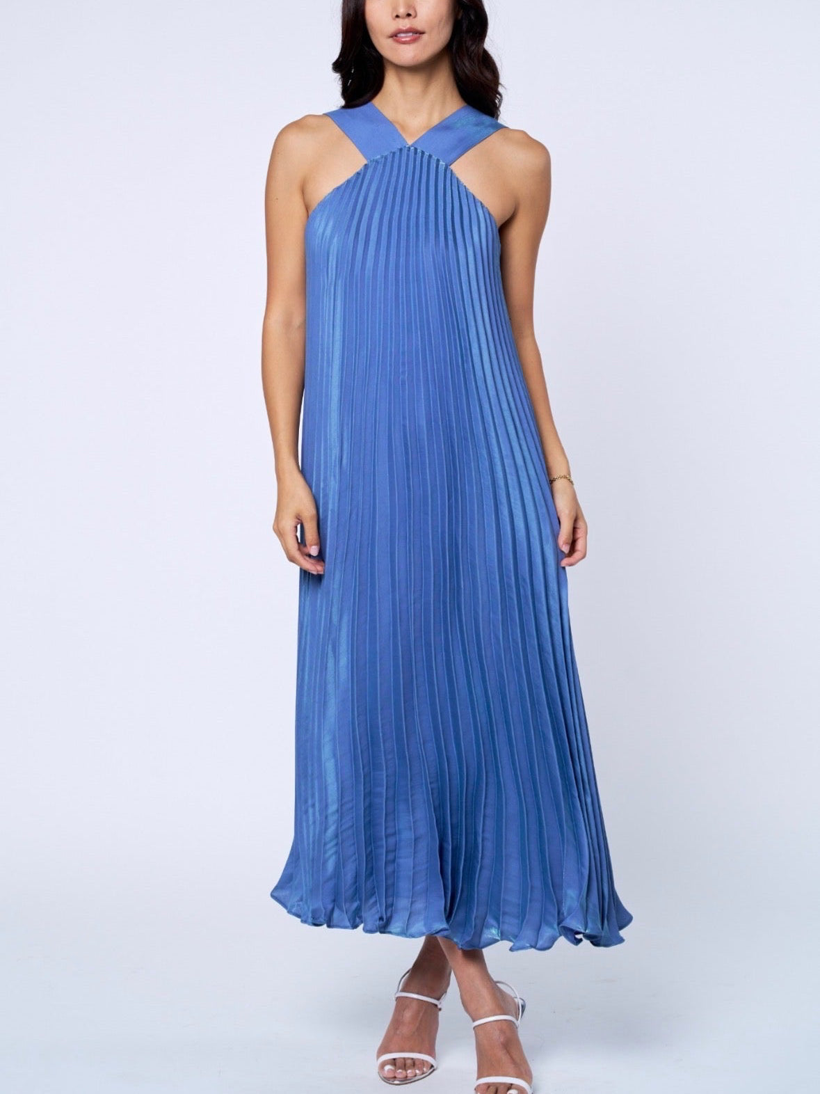 MELISSA PLEATED DRESS- SLATE BLUE