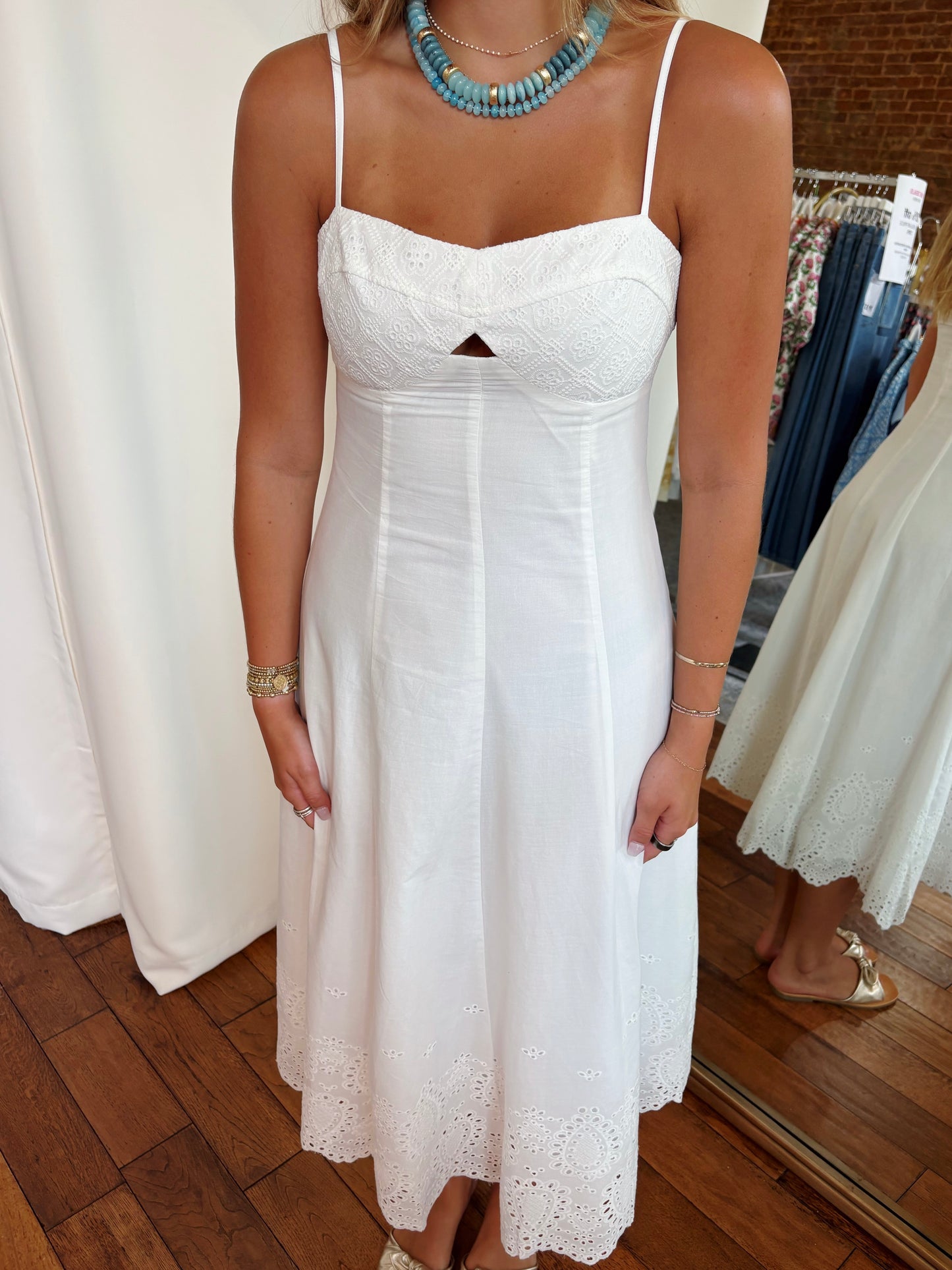 CASSIE EYELET MIDI DRESS- WHITE