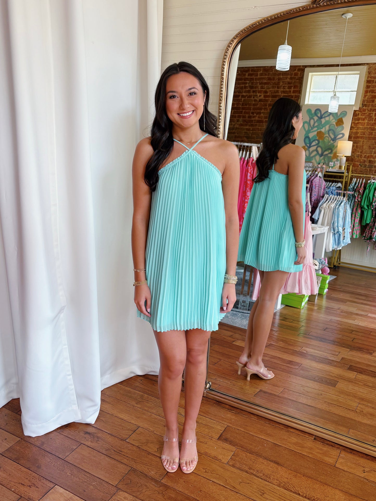FRENCH CONNECTION SUNBURST DRESS- PASTEL TURQUOISE