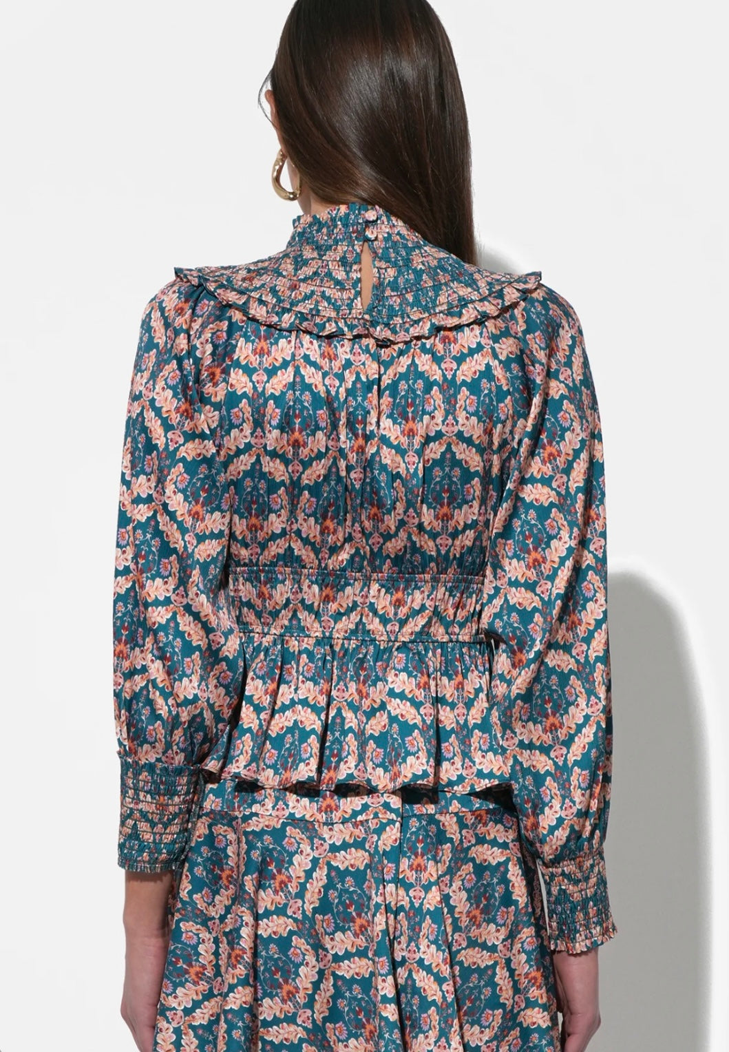 MELODIE SMOCKED WAIST MOCK NECK BLOUSE