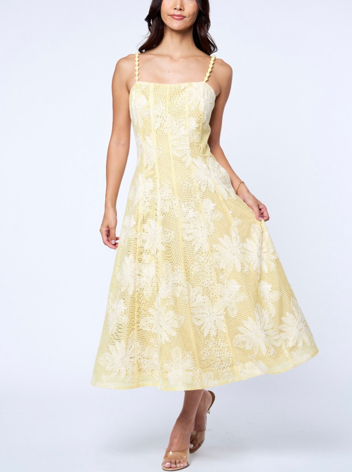 NAMIE EMBROIDERED LACE MIDI DRESS- YELLOW/CREAM