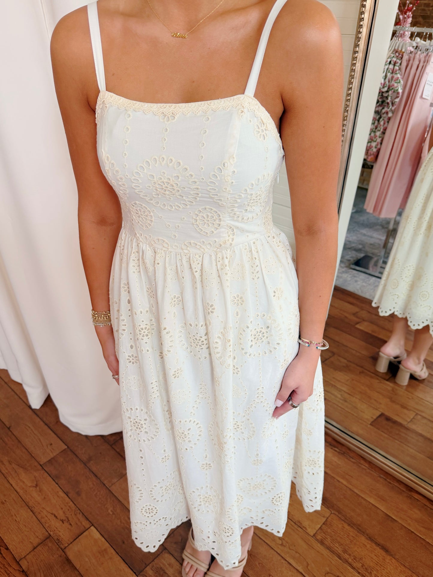 REAGAN EYELET MIDI DRESS- WHITE