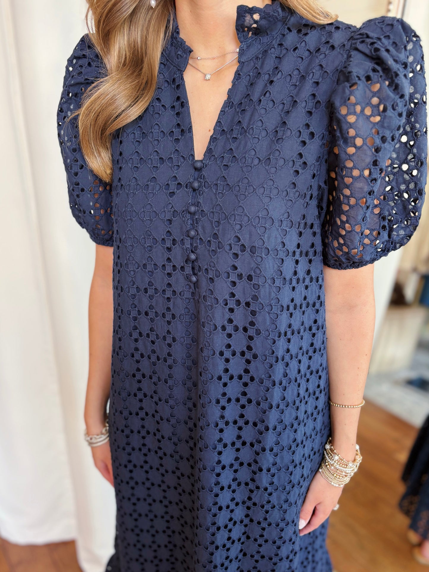 LIZ DRESS- NAVY EYELET