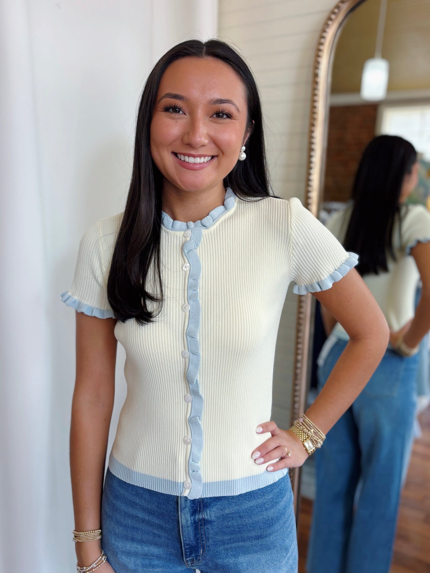 ESTELLE CARDIGAN TOP- CREAM/BLUE