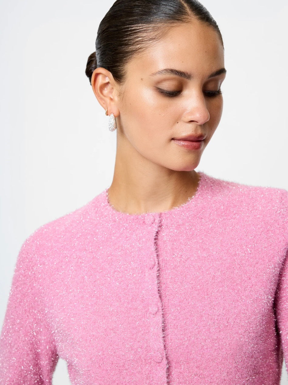 FRENCH CONNECTION TINSEL CARDIGAN- TAFFY PINK