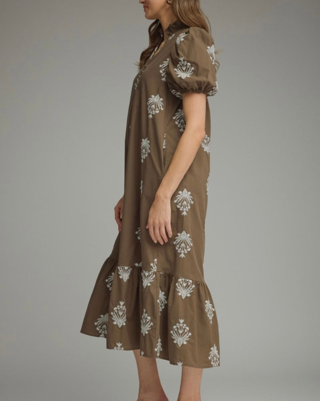 BOTANICAL MIDI DRESS- BROWN