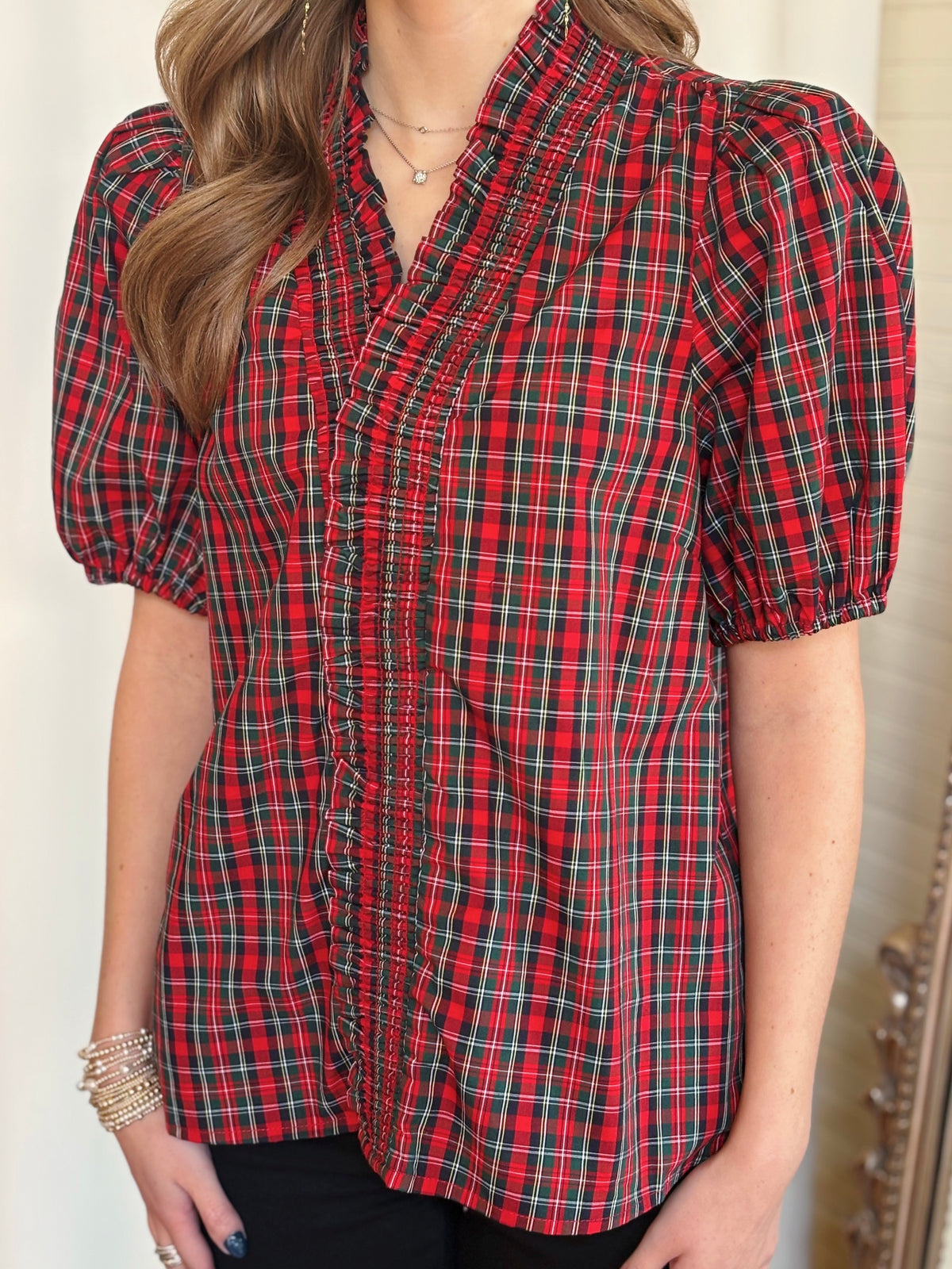 TOWNES TOP- RED HOLIDAY PLAID