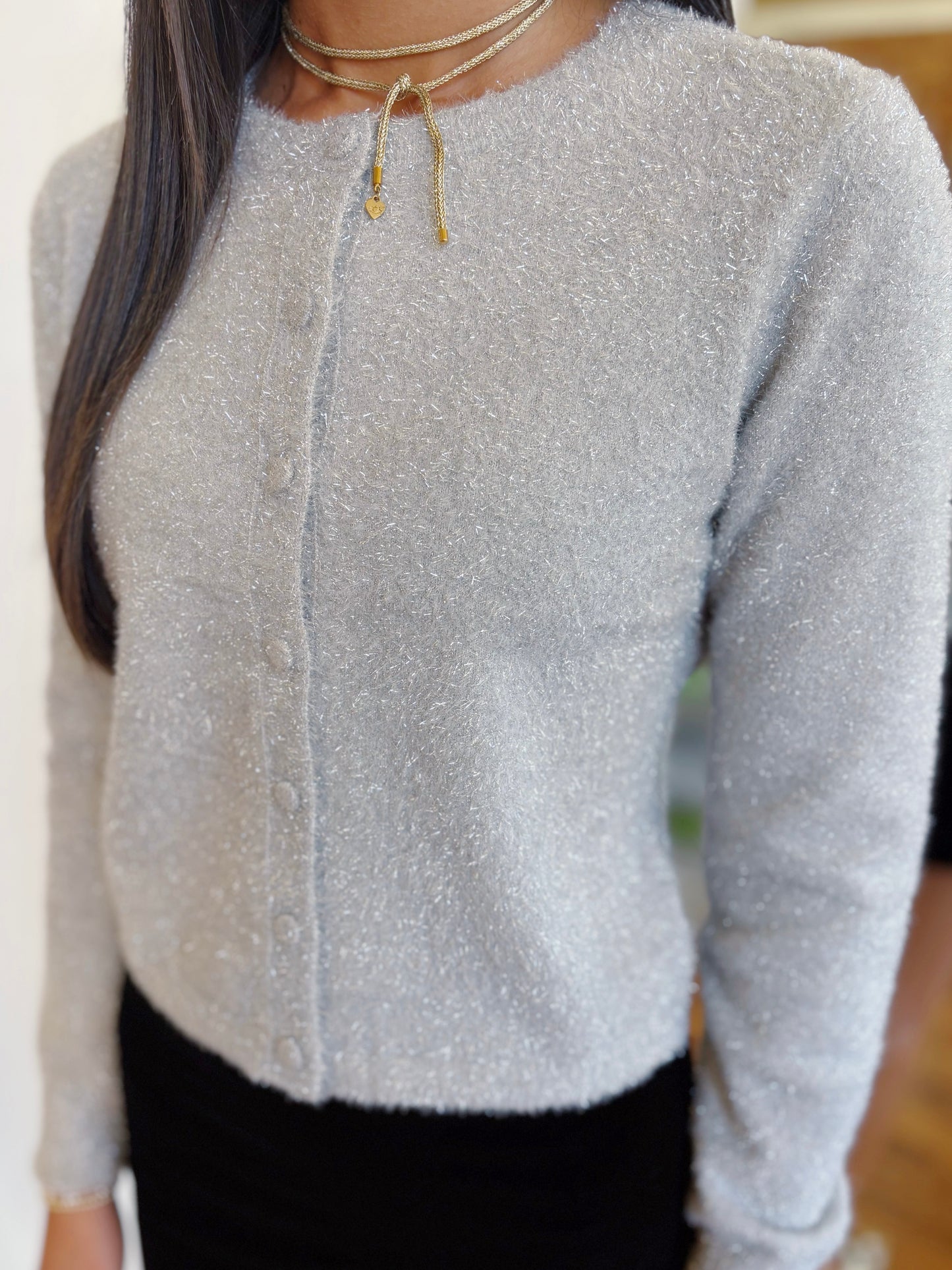 FRENCH CONNECTION TINSEL CARDIGAN- SILVER