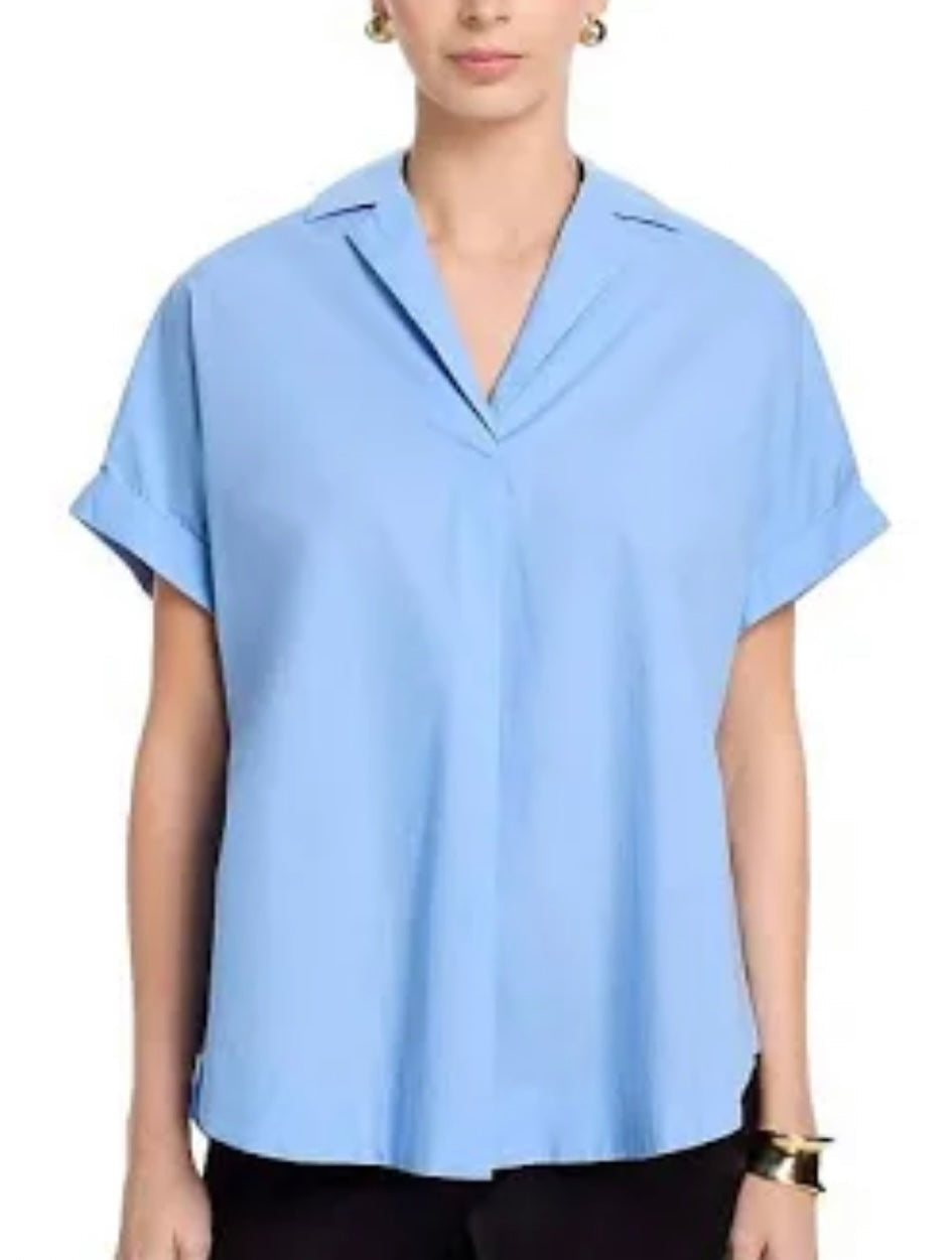 FRENCH CONNECTION POPLIN COLLAR PULLOVER TOP- BLUE HYDRANGEA