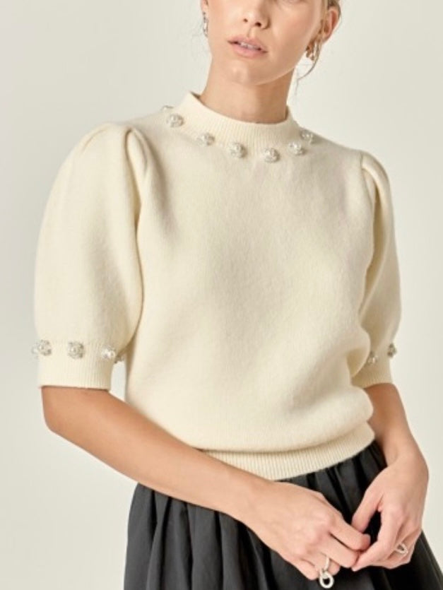 PEARL DETAIL SWEATER TOP- CREAM
