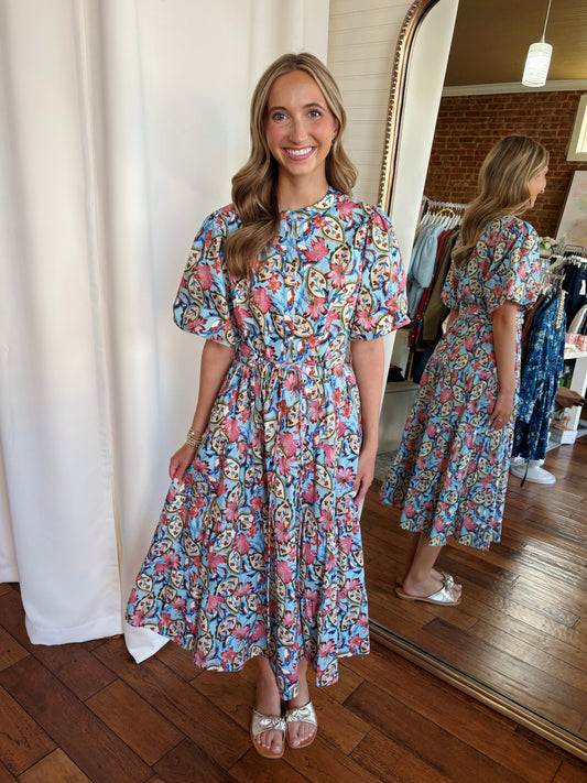 NELLIE MIDI DRESS- BLUE MULTI
