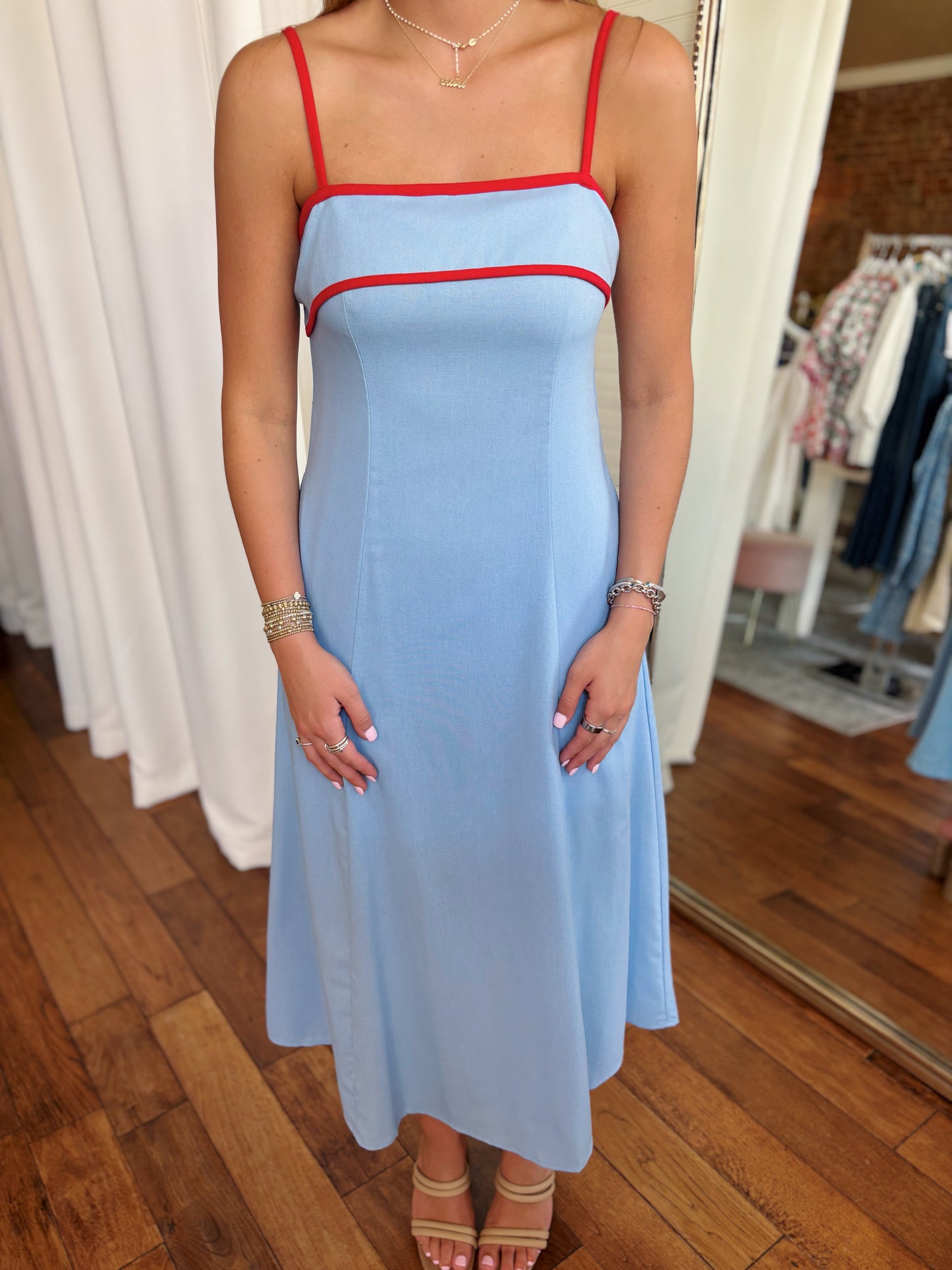 KITT MIDI DRESS- POWDER BLUE/RED
