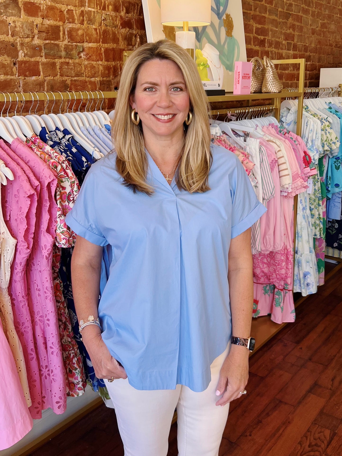 FRENCH CONNECTION POPLIN COLLAR PULLOVER TOP- BLUE HYDRANGEA