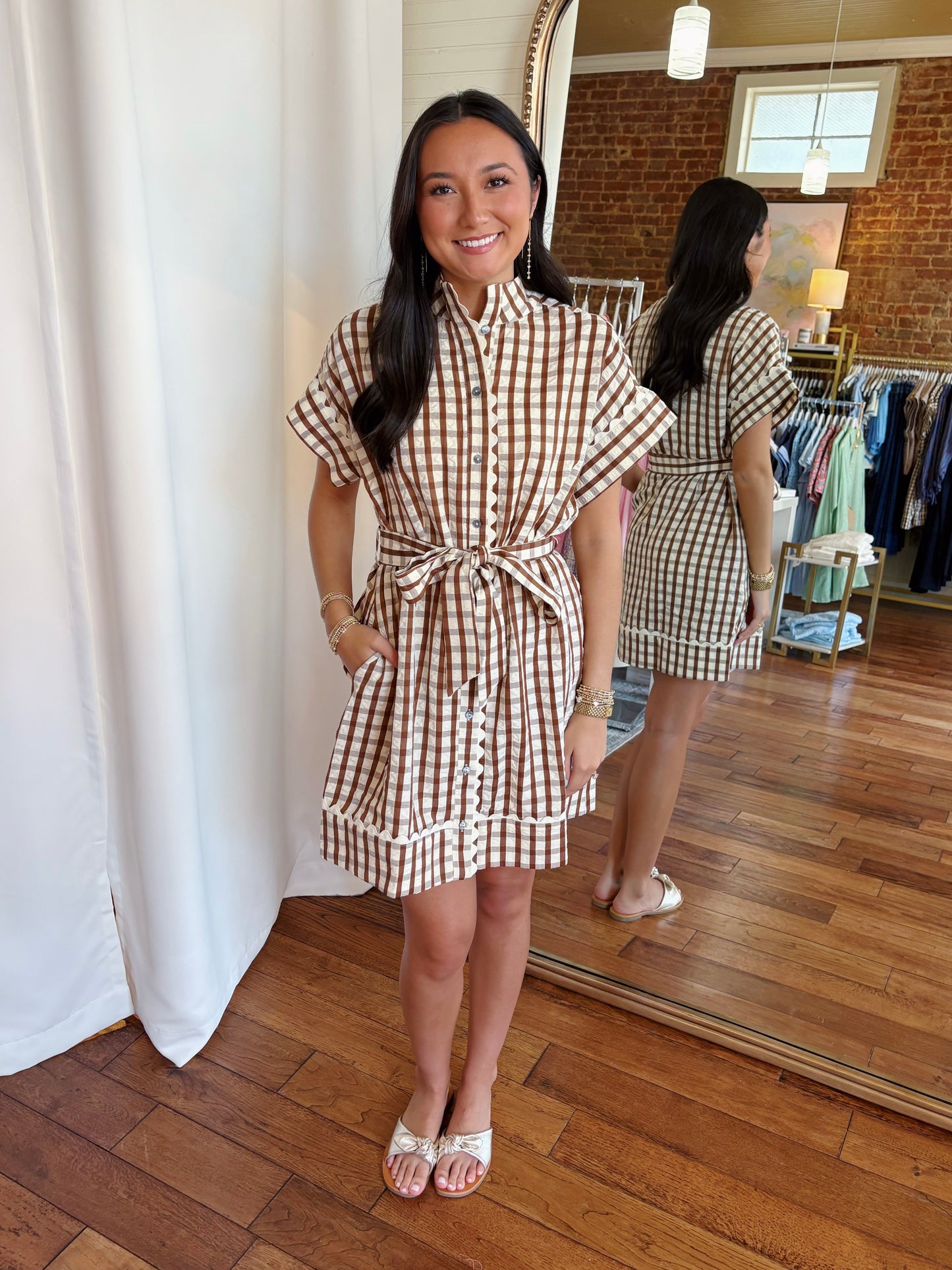 COLBIE GINGHAM MINI DRESS- BROWN