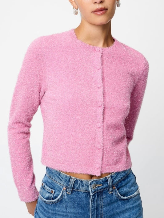 FRENCH CONNECTION TINSEL CARDIGAN- TAFFY PINK