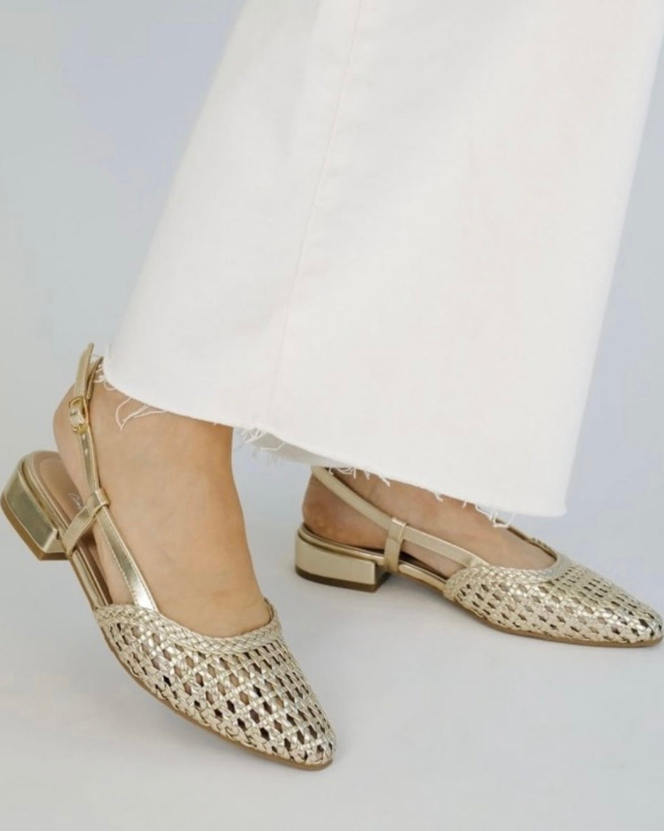 MEREDITH GOLD BLOCK KITTEN HEEL