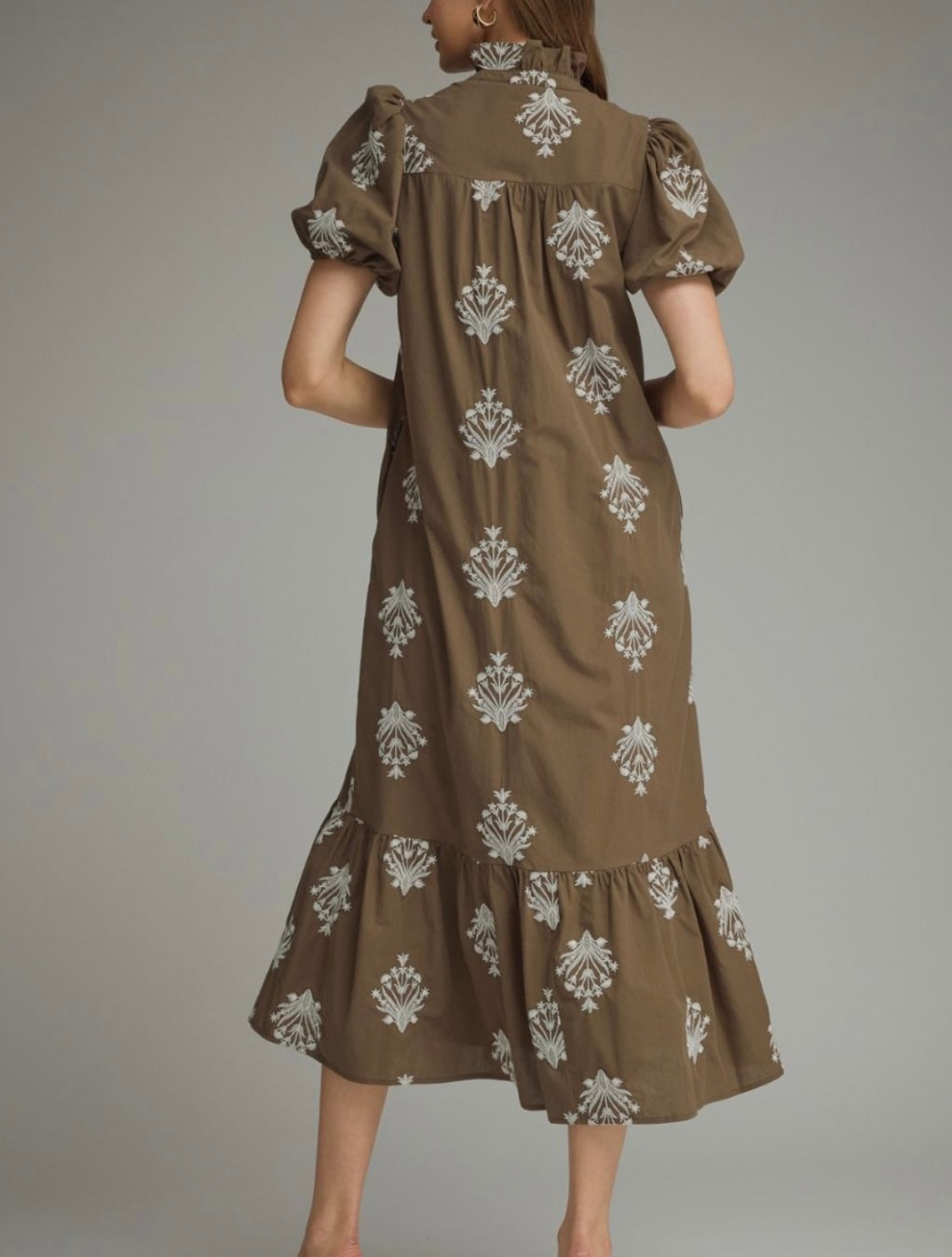 BOTANICAL MIDI DRESS- BROWN