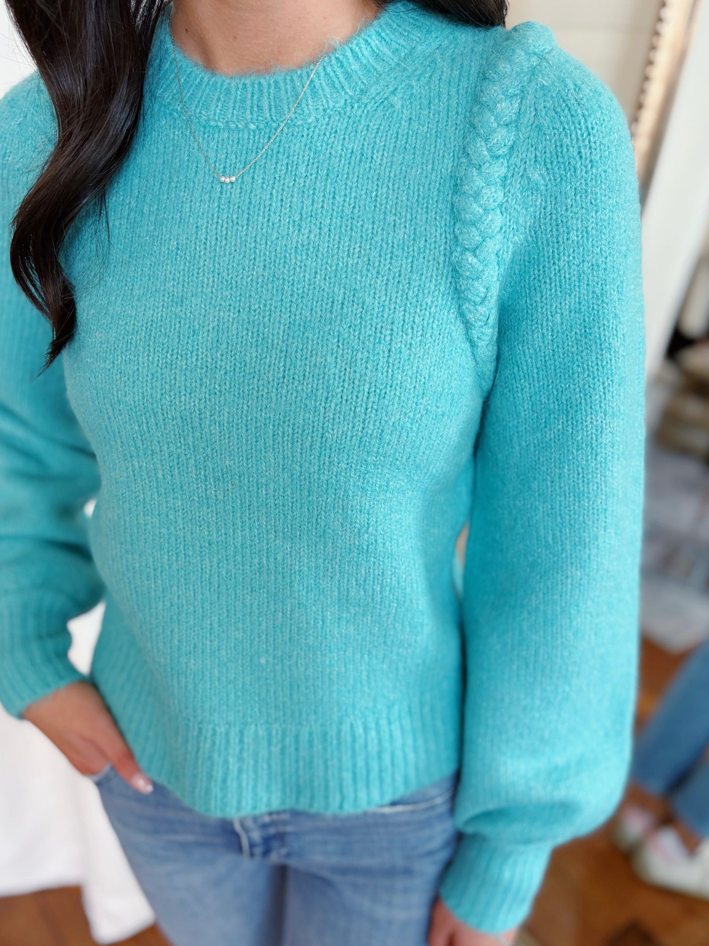 FRENCH CONNECTION BRAIDED DETAIL SWEATER-CASHMERE BLUE