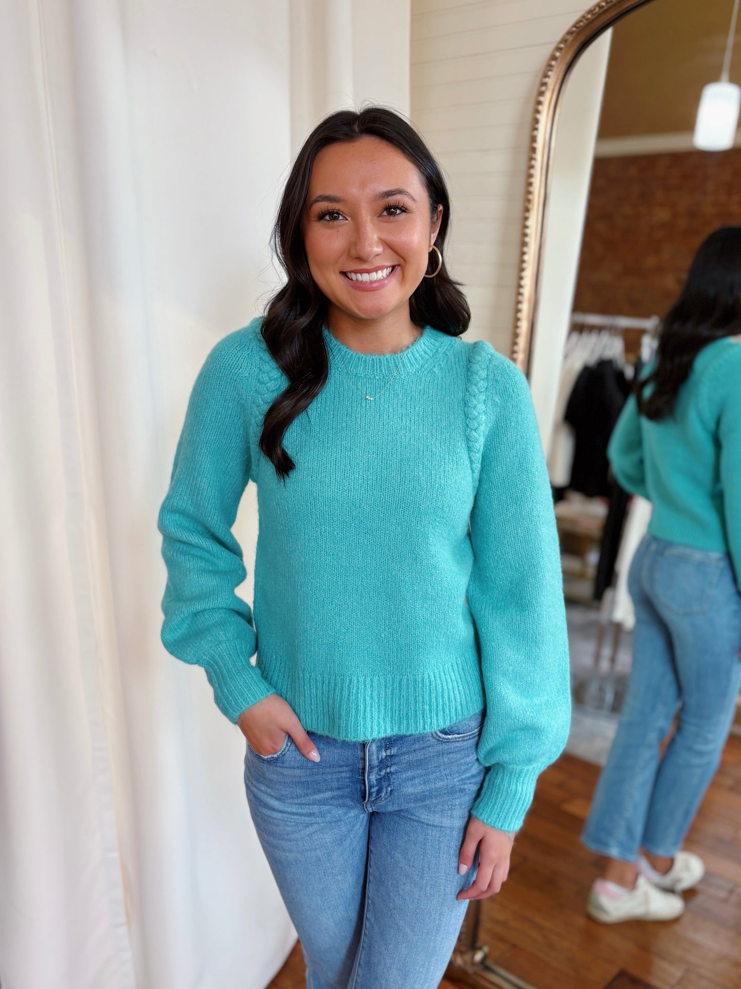 FRENCH CONNECTION BRAIDED DETAIL SWEATER-CASHMERE BLUE