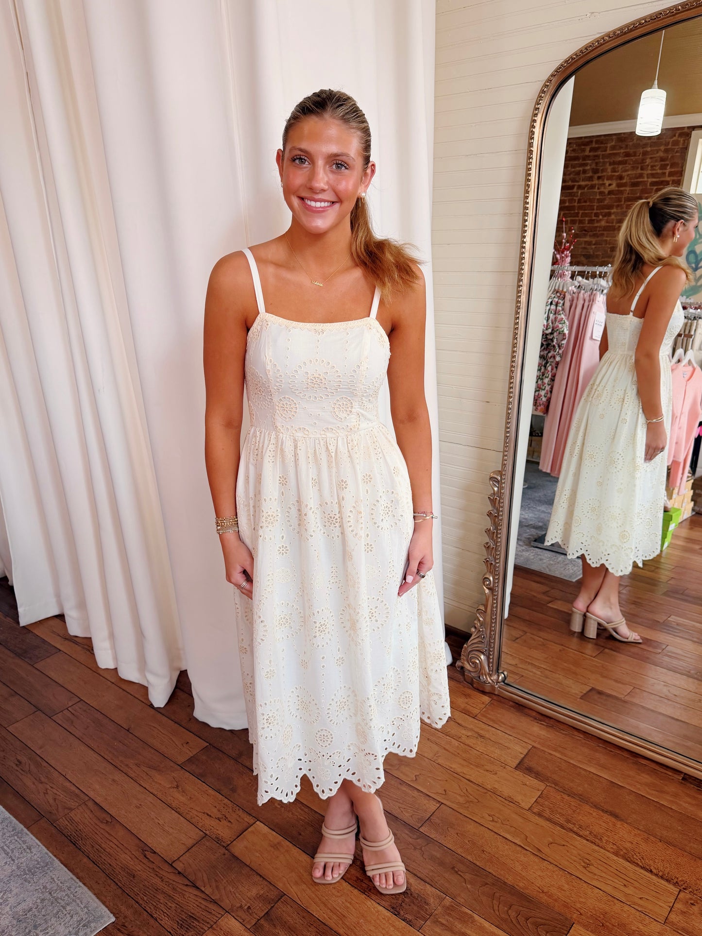 REAGAN EYELET MIDI DRESS- WHITE