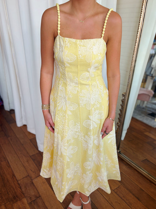 NAMIE EMBROIDERED LACE MIDI DRESS- YELLOW/CREAM