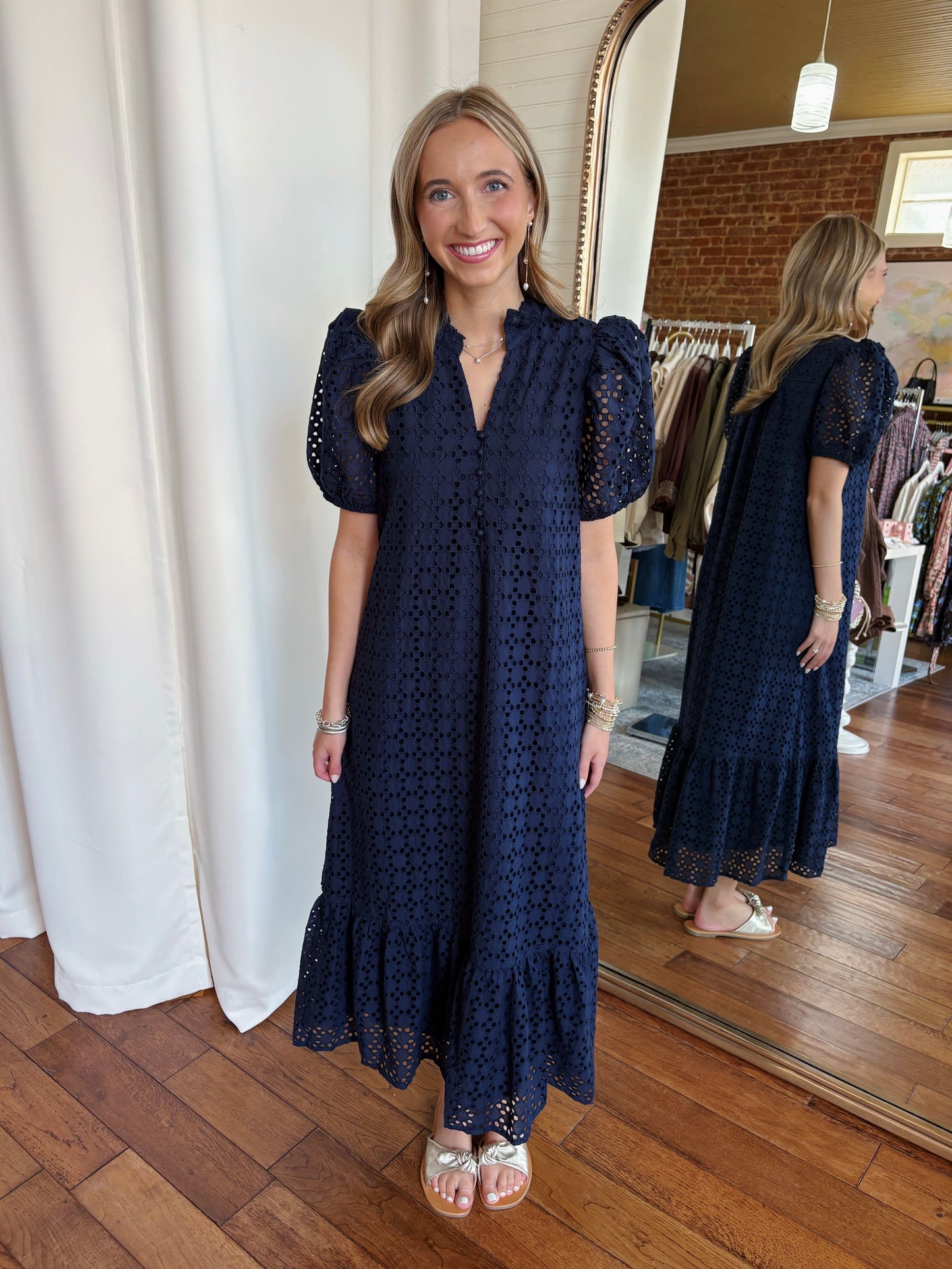LIZ DRESS- NAVY EYELET