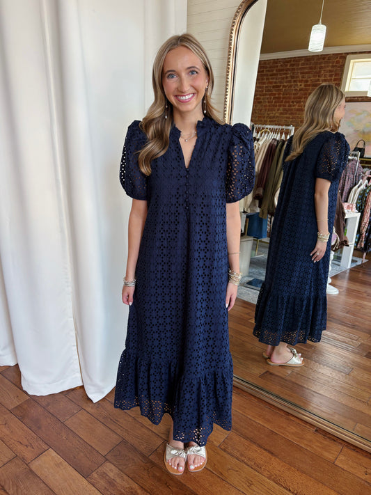 LIZ DRESS- NAVY EYELET