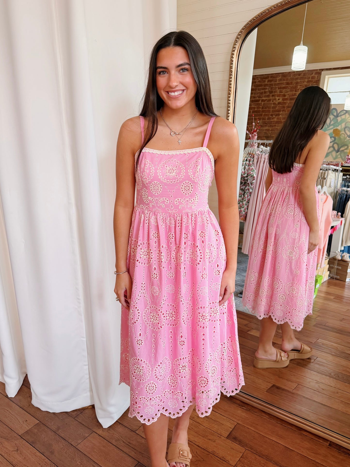 REAGAN EYELET MIDI DRESS- PINK