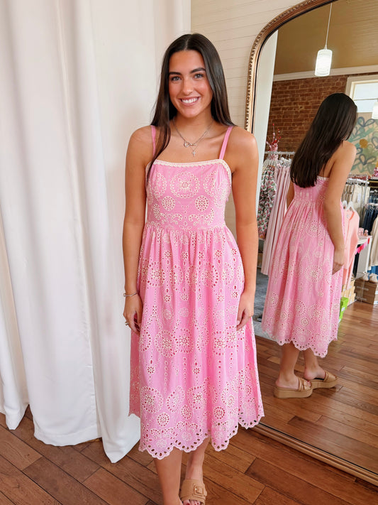 REAGAN EYELET MIDI DRESS- PINK