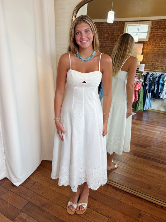 CASSIE EYELET MIDI DRESS- WHITE