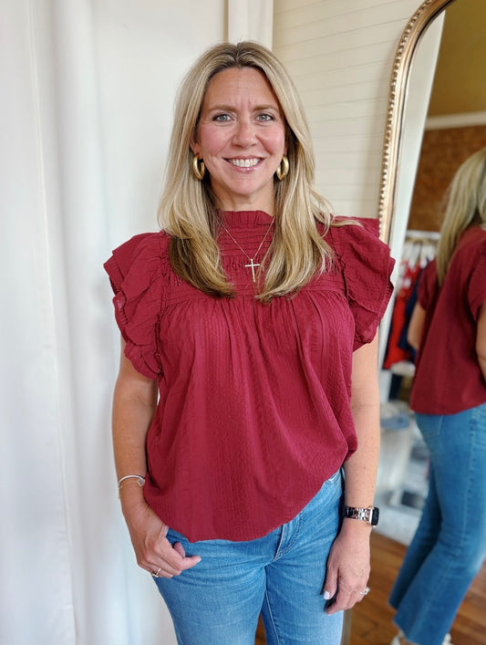 SINCLAIR FLUTTER SLEEVE TOP- MAROON