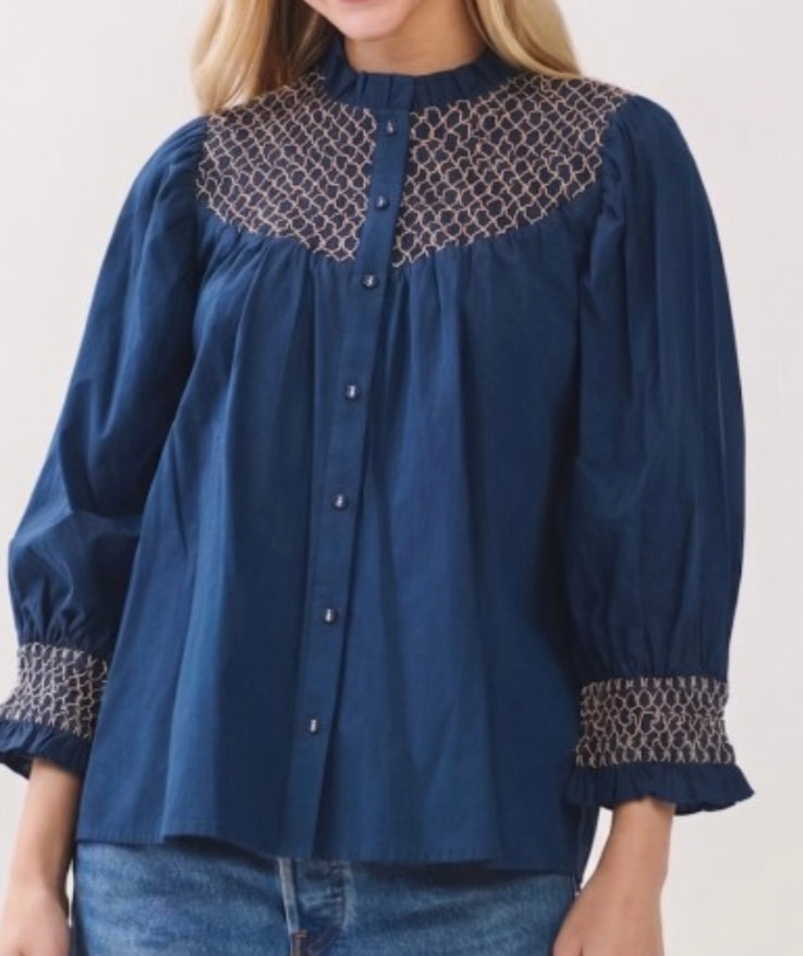 HELEN SMOCKED TOP- DEEP NAVY