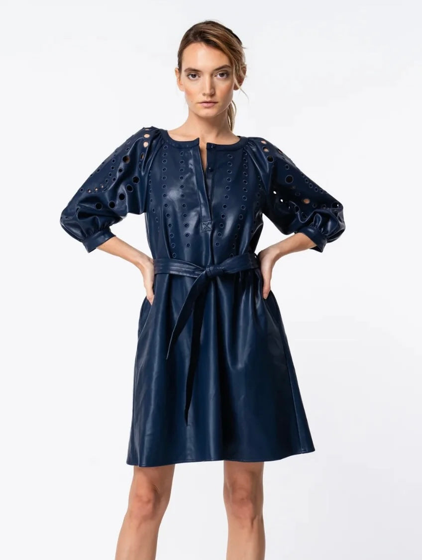 KINNA FAUX LEATHER DRESS- NAVY