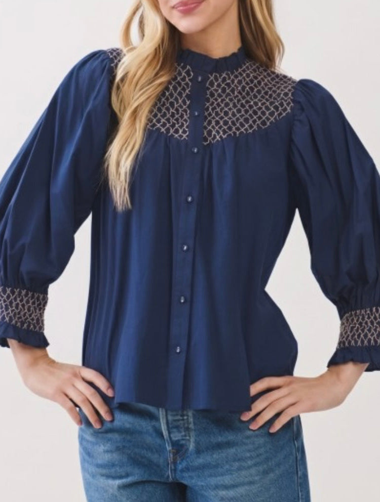 HELEN SMOCKED TOP- DEEP NAVY