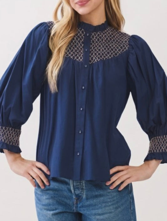 HELEN SMOCKED TOP- DEEP NAVY