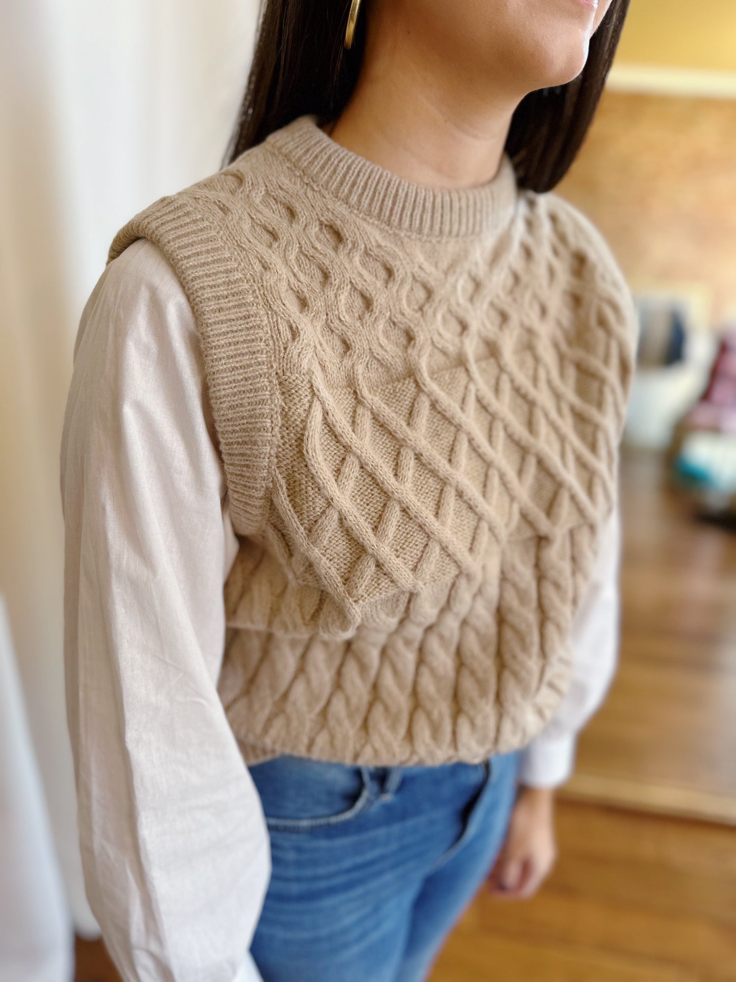 ADRIENNE KNIT COMBINATION TOP TAUPE