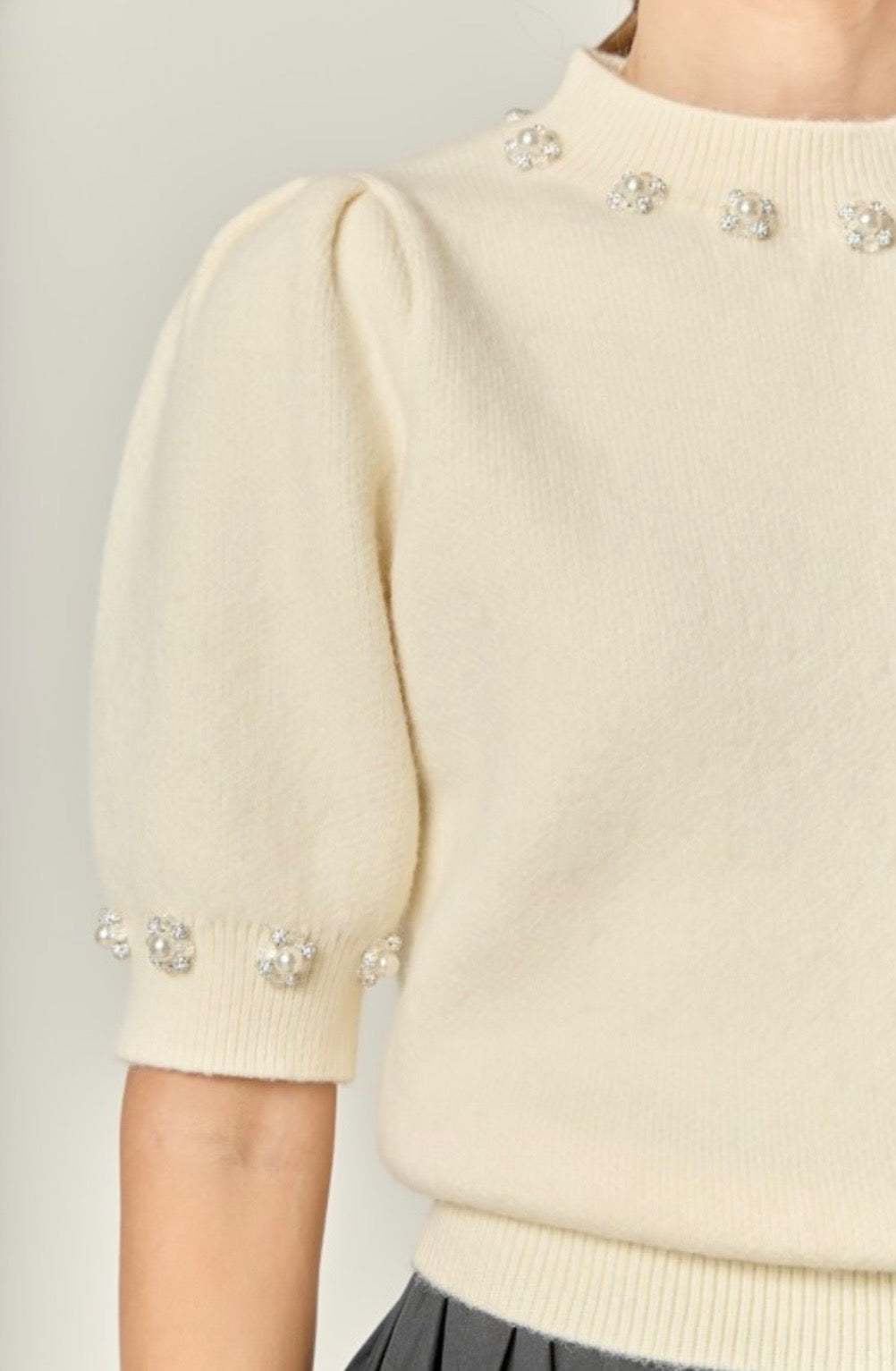 PEARL DETAIL SWEATER TOP- CREAM