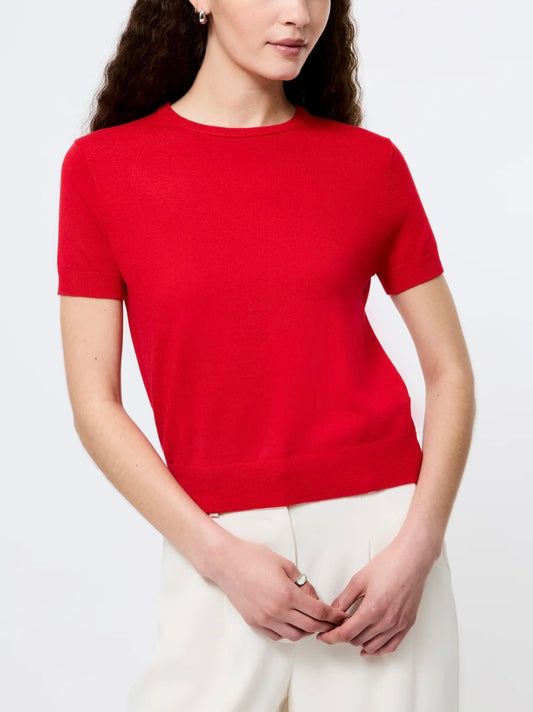 NOLA FINE KNIT SHORT SLEEVE SWEATER TOP- RED