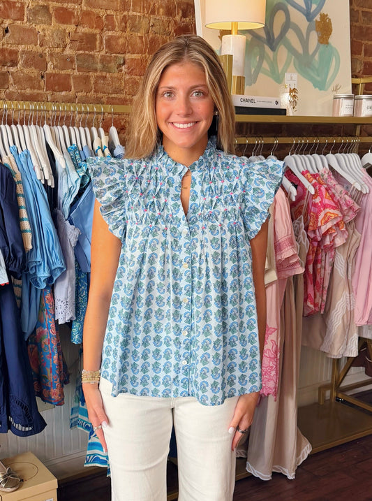 CLEO FLUTTER SLEEVE  TOP- LIGHT BLUE
