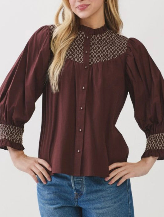 HELEN SMOCKED TOP- DEEP BROWN
