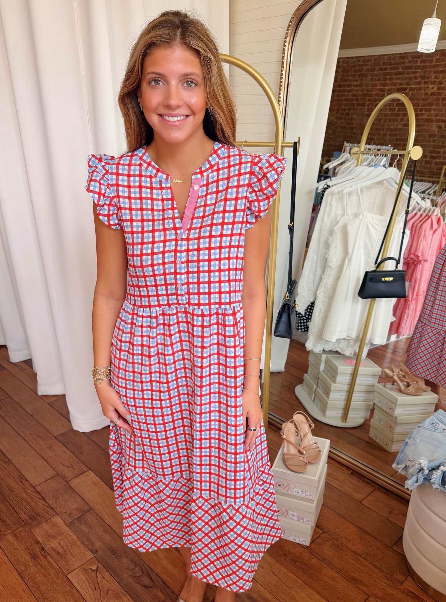 RILEY DRESS- GINGHAM RED & BLUE