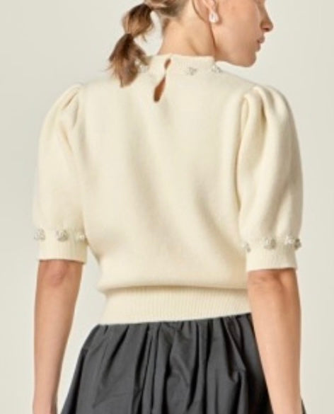 PEARL DETAIL SWEATER TOP- CREAM