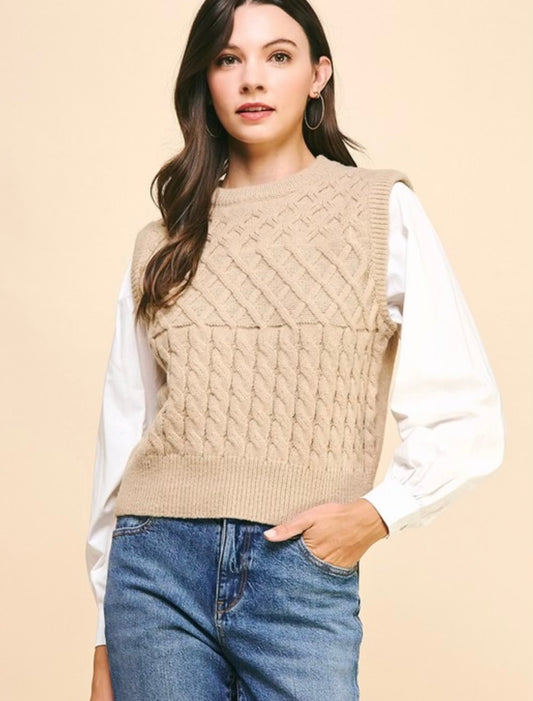 ADRIENNE KNIT COMBINATION TOP TAUPE