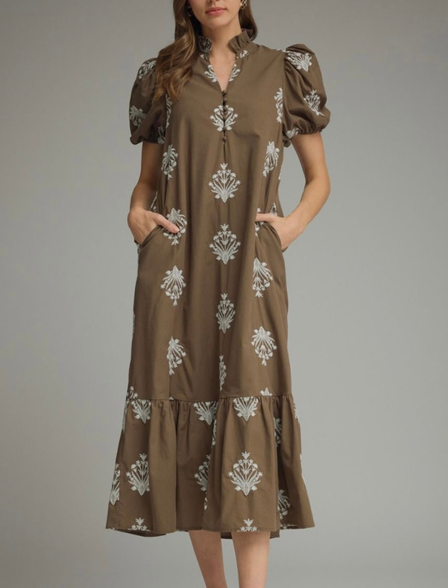 BOTANICAL MIDI DRESS- BROWN