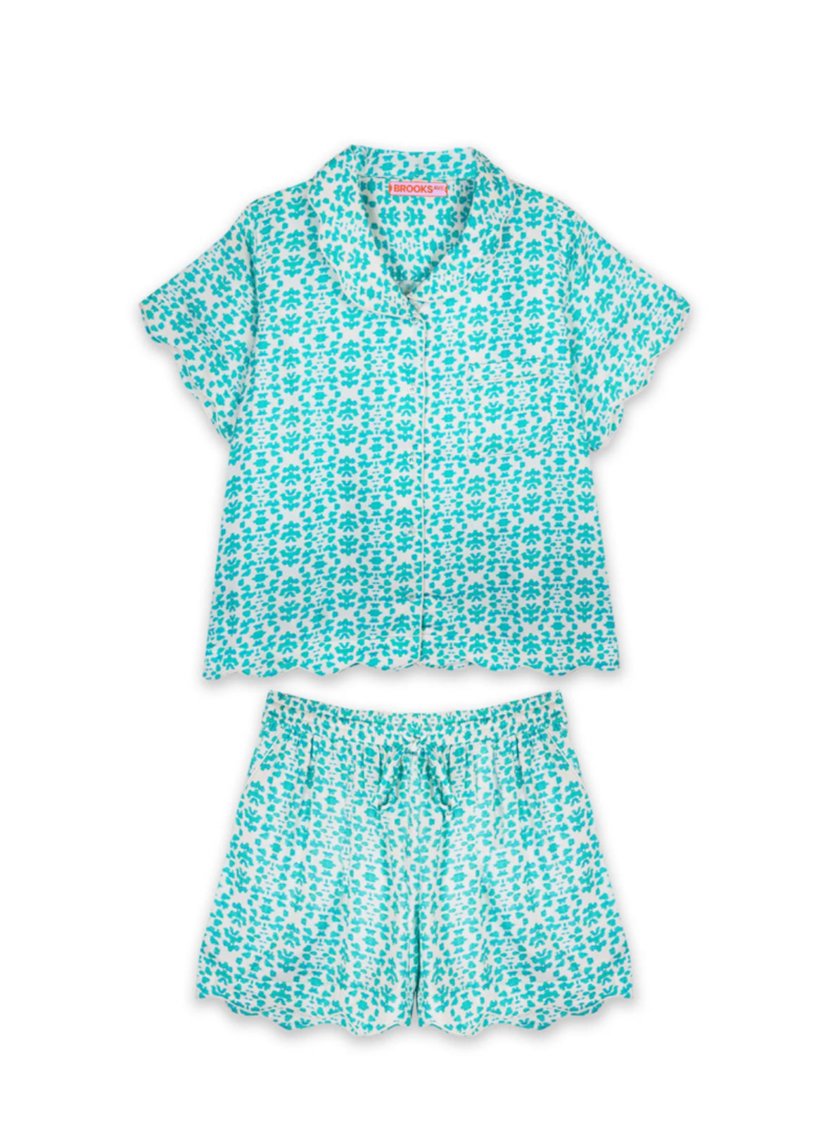 SCALLOPED PAJAMA SET SHORT- TEAL CHINTZ