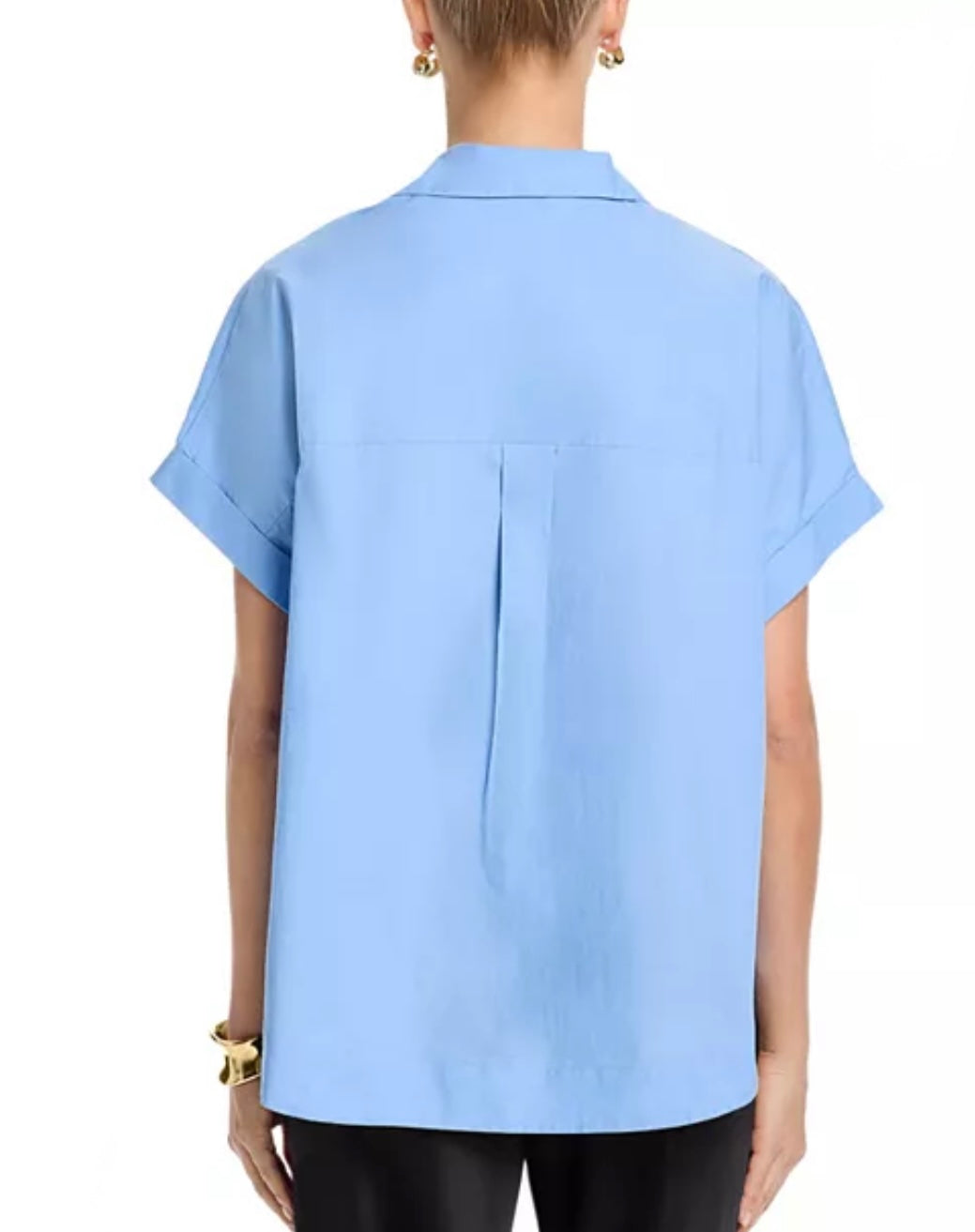 FRENCH CONNECTION POPLIN COLLAR PULLOVER TOP- BLUE HYDRANGEA