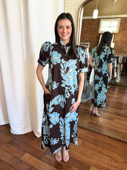 LORI MIDI DRESS- BROWN FLORAL PRINT