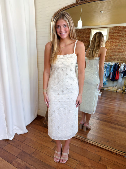 IVY SEQUIN EMBROIDERED COLUMN DRESS- CREAM