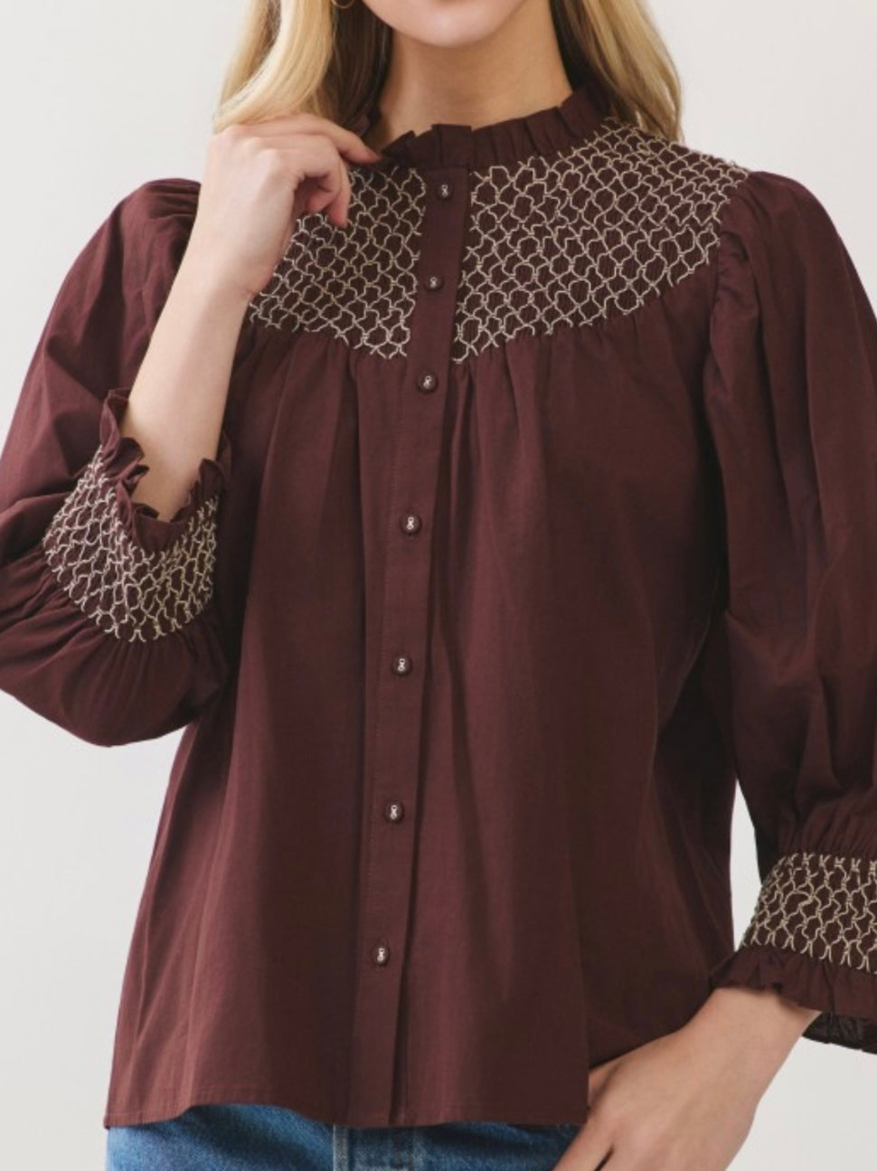 HELEN SMOCKED TOP- DEEP BROWN