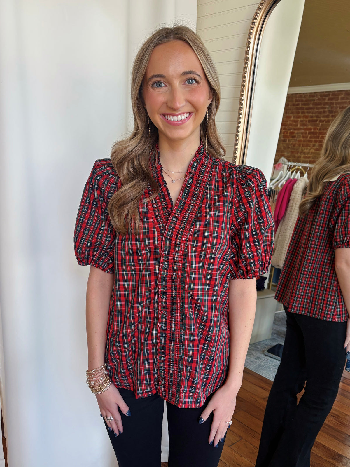 TOWNES TOP- RED HOLIDAY PLAID